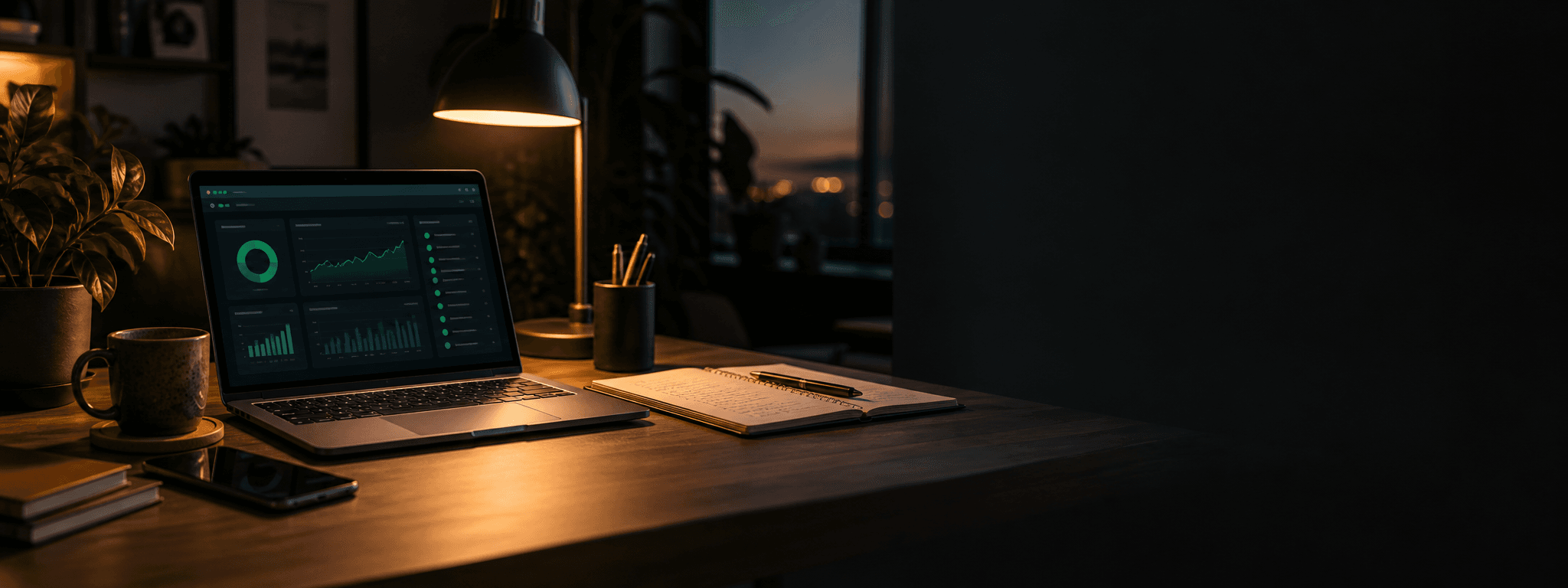 Software monitoring workspace at night